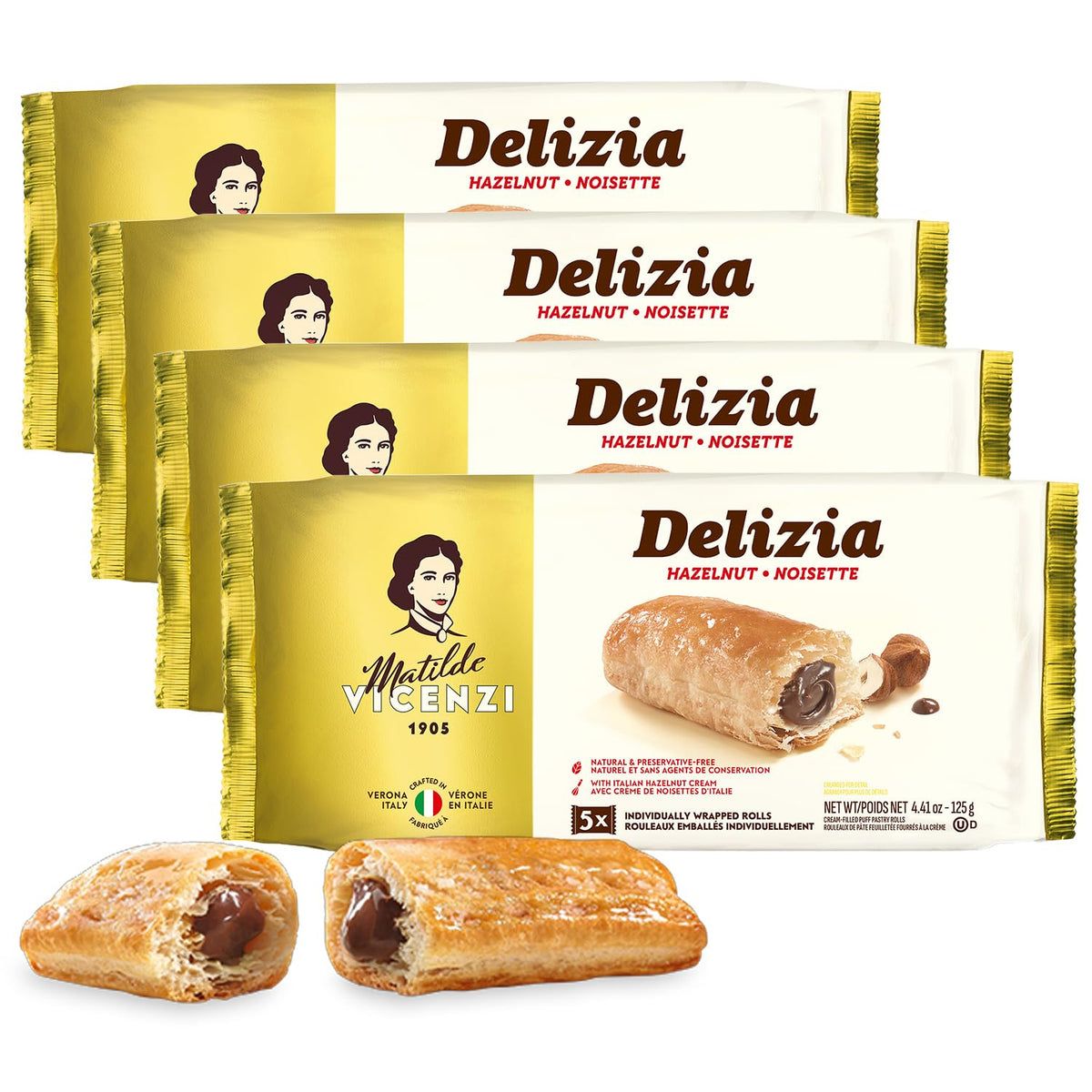 Delizia Pastry Cream , Cream Filled Puff Pastry Patisserie Rolls, All-Natural, Kosher Dairy, Made in Italy - 4.41oz (125g) Box, 4-Pack