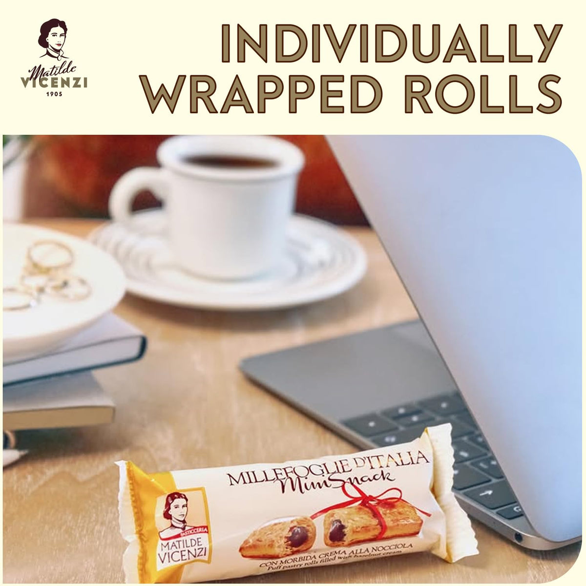 Delizia Pastry Cream , Cream Filled Puff Pastry Patisserie Rolls, All-Natural, Kosher Dairy, Made in Italy - 4.41oz (125g) Box, 4-Pack