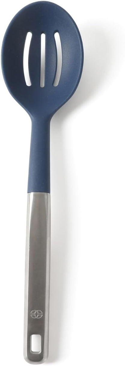 Prime Slotted Spoon Skimmer, Stainless Steel Slotted Spoon, Straining Spoon with Navy Silicone Head, Heat-Resistant Nonstick-Safe Kitchen Tool