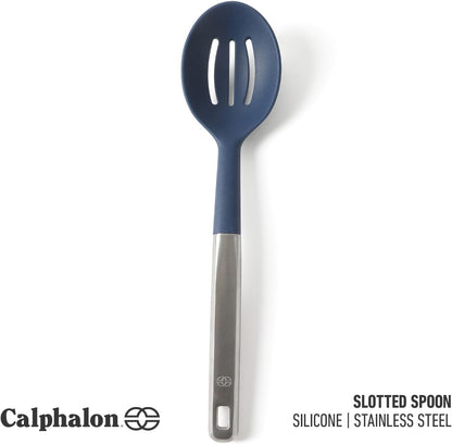 Prime Slotted Spoon Skimmer, Stainless Steel Slotted Spoon, Straining Spoon with Navy Silicone Head, Heat-Resistant Nonstick-Safe Kitchen Tool