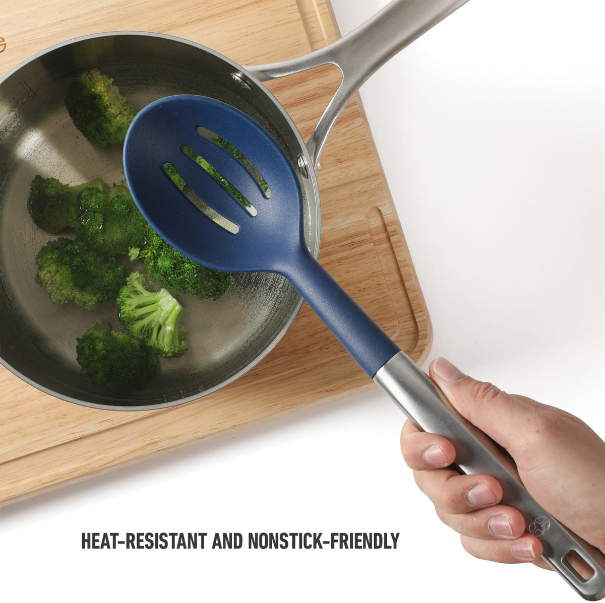 Prime Slotted Spoon Skimmer, Stainless Steel Slotted Spoon, Straining Spoon with Navy Silicone Head, Heat-Resistant Nonstick-Safe Kitchen Tool
