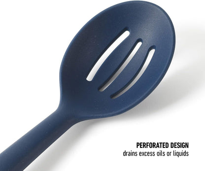 Prime Slotted Spoon Skimmer, Stainless Steel Slotted Spoon, Straining Spoon with Navy Silicone Head, Heat-Resistant Nonstick-Safe Kitchen Tool