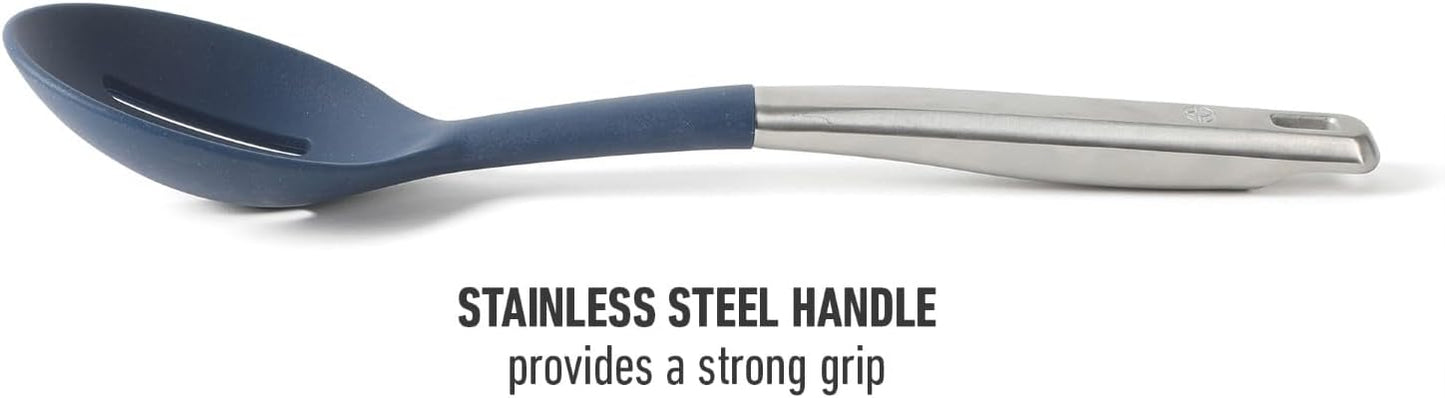 Prime Slotted Spoon Skimmer, Stainless Steel Slotted Spoon, Straining Spoon with Navy Silicone Head, Heat-Resistant Nonstick-Safe Kitchen Tool