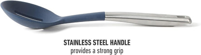 Prime Slotted Spoon Skimmer, Stainless Steel Slotted Spoon, Straining Spoon with Navy Silicone Head, Heat-Resistant Nonstick-Safe Kitchen Tool