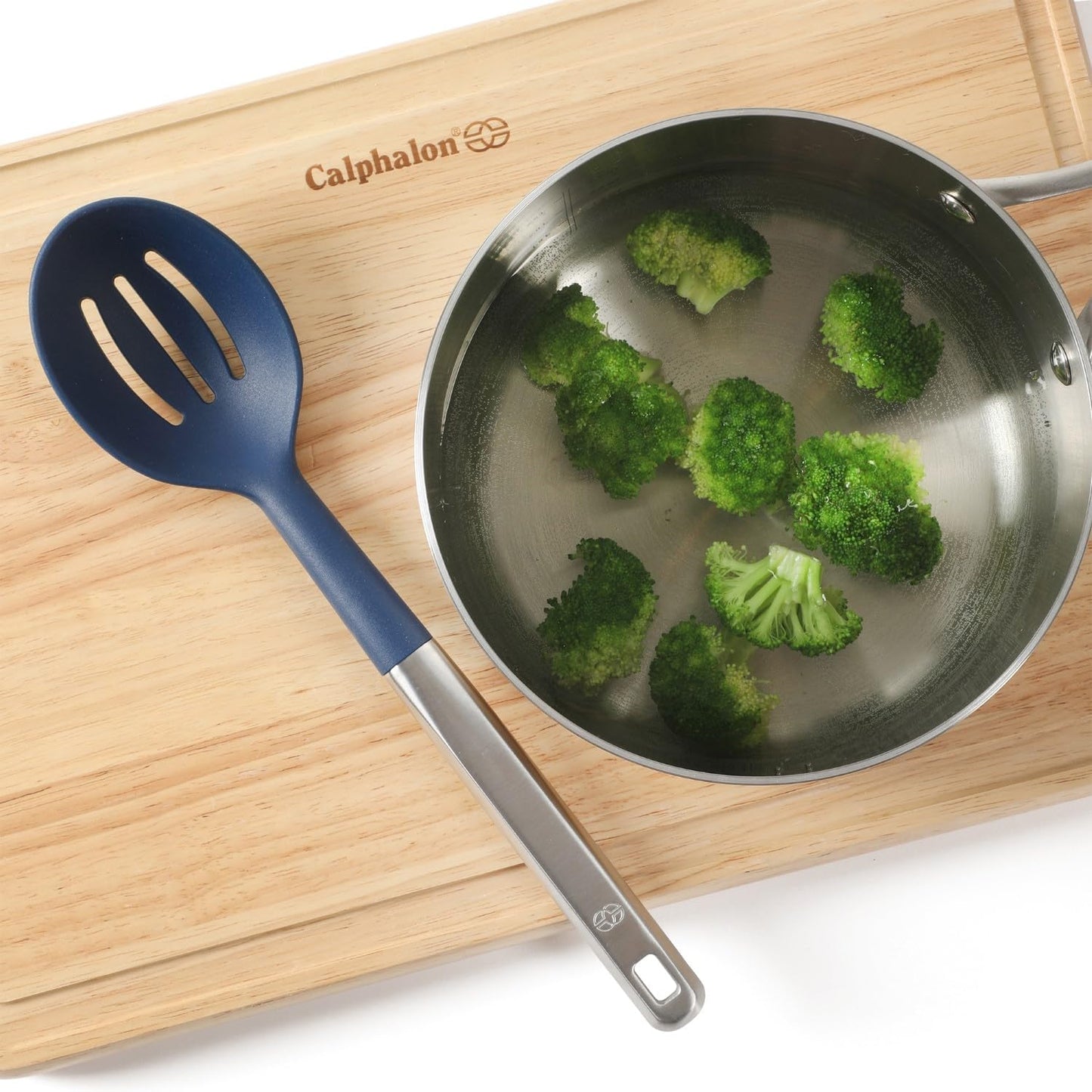 Prime Slotted Spoon Skimmer, Stainless Steel Slotted Spoon, Straining Spoon with Navy Silicone Head, Heat-Resistant Nonstick-Safe Kitchen Tool