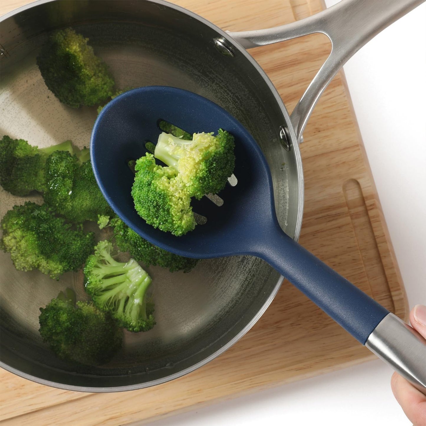 Prime Slotted Spoon Skimmer, Stainless Steel Slotted Spoon, Straining Spoon with Navy Silicone Head, Heat-Resistant Nonstick-Safe Kitchen Tool