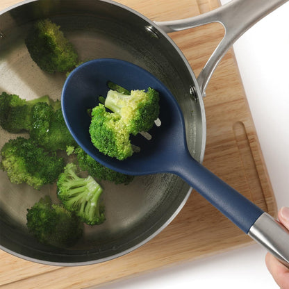 Prime Slotted Spoon Skimmer, Stainless Steel Slotted Spoon, Straining Spoon with Navy Silicone Head, Heat-Resistant Nonstick-Safe Kitchen Tool