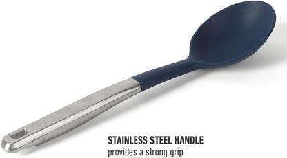 Prime Slotted Spoon Skimmer, Stainless Steel Slotted Spoon, Straining Spoon with Navy Silicone Head, Heat-Resistant Nonstick-Safe Kitchen Tool
