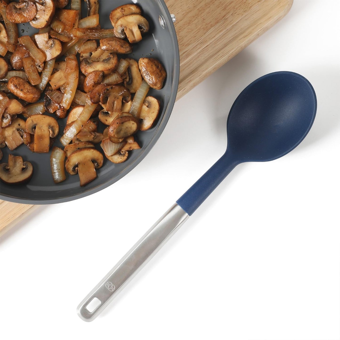 Prime Slotted Spoon Skimmer, Stainless Steel Slotted Spoon, Straining Spoon with Navy Silicone Head, Heat-Resistant Nonstick-Safe Kitchen Tool