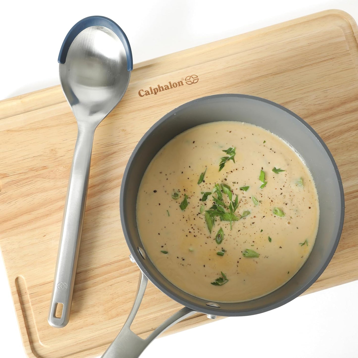Prime Slotted Spoon Skimmer, Stainless Steel Slotted Spoon, Straining Spoon with Navy Silicone Head, Heat-Resistant Nonstick-Safe Kitchen Tool