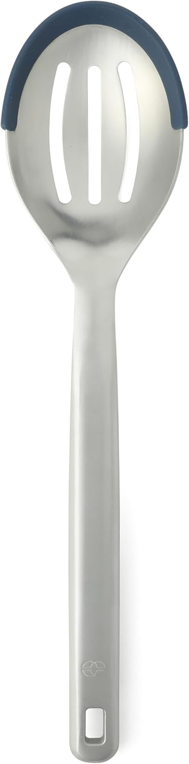 Prime Slotted Spoon Skimmer, Stainless Steel Slotted Spoon, Straining Spoon with Navy Silicone Head, Heat-Resistant Nonstick-Safe Kitchen Tool