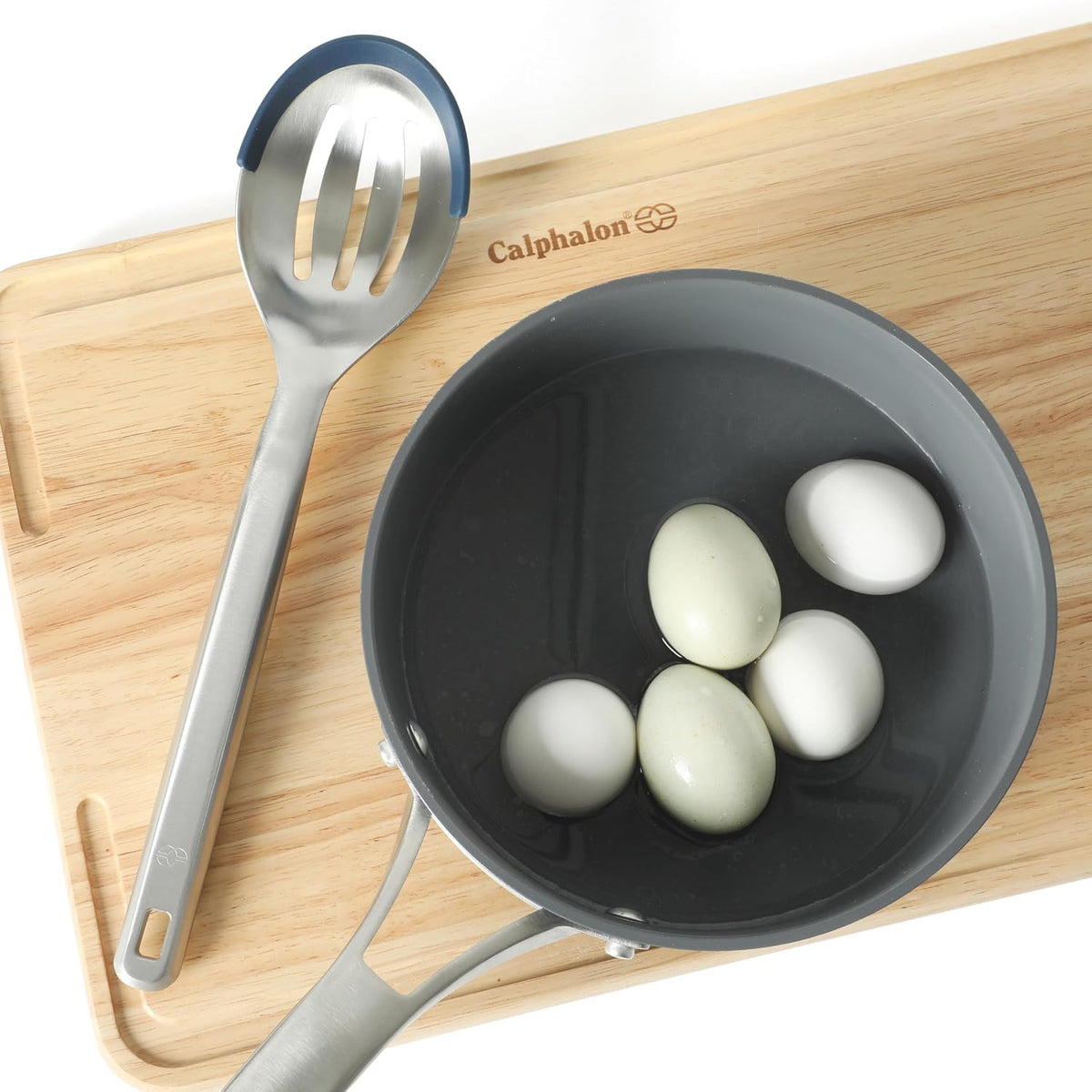 Prime Slotted Spoon Skimmer, Stainless Steel Slotted Spoon, Straining Spoon with Navy Silicone Head, Heat-Resistant Nonstick-Safe Kitchen Tool