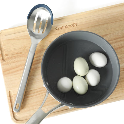 Prime Slotted Spoon Skimmer, Stainless Steel Slotted Spoon, Straining Spoon with Navy Silicone Head, Heat-Resistant Nonstick-Safe Kitchen Tool