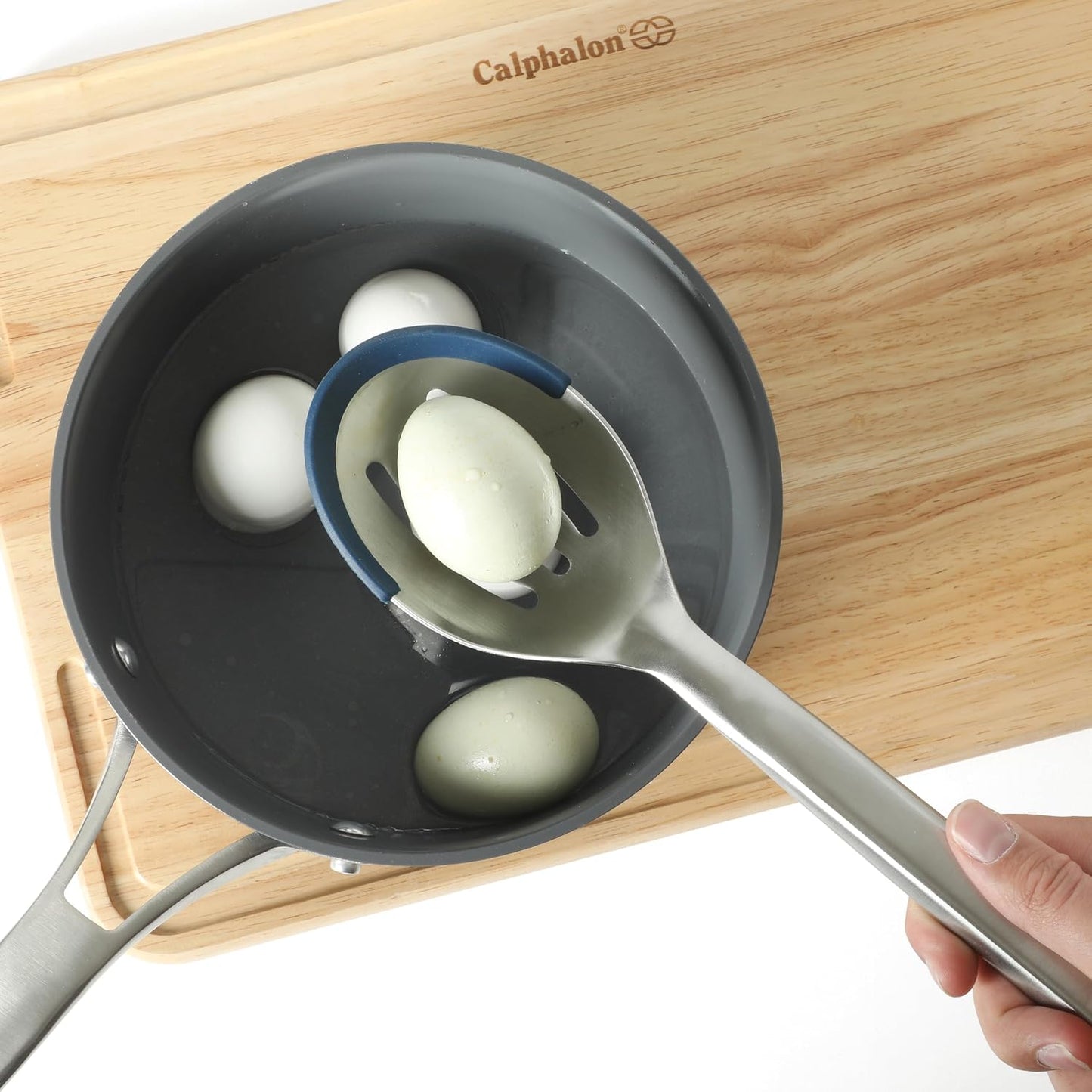 Prime Slotted Spoon Skimmer, Stainless Steel Slotted Spoon, Straining Spoon with Navy Silicone Head, Heat-Resistant Nonstick-Safe Kitchen Tool