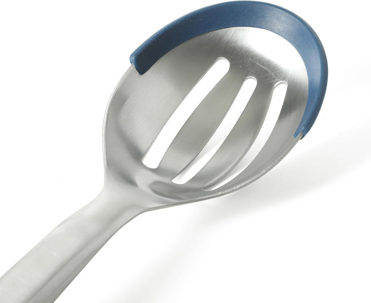 Prime Slotted Spoon Skimmer, Stainless Steel Slotted Spoon, Straining Spoon with Navy Silicone Head, Heat-Resistant Nonstick-Safe Kitchen Tool