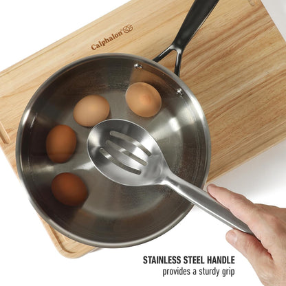 Prime Slotted Spoon Skimmer, Stainless Steel Slotted Spoon, Straining Spoon with Navy Silicone Head, Heat-Resistant Nonstick-Safe Kitchen Tool