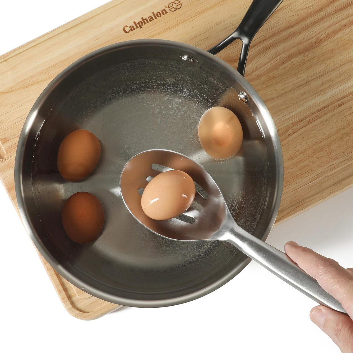 Prime Slotted Spoon Skimmer, Stainless Steel Slotted Spoon, Straining Spoon with Navy Silicone Head, Heat-Resistant Nonstick-Safe Kitchen Tool