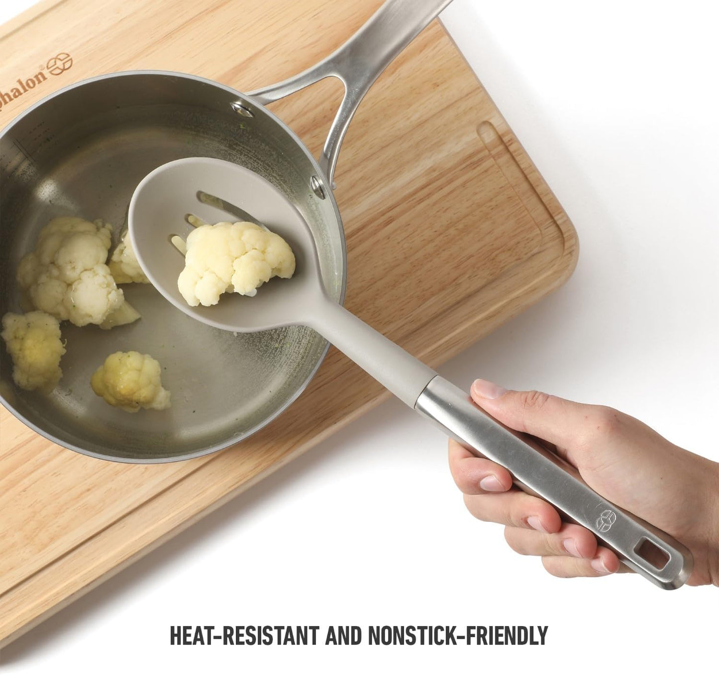 Prime Slotted Spoon Skimmer, Stainless Steel Slotted Spoon, Straining Spoon with Navy Silicone Head, Heat-Resistant Nonstick-Safe Kitchen Tool