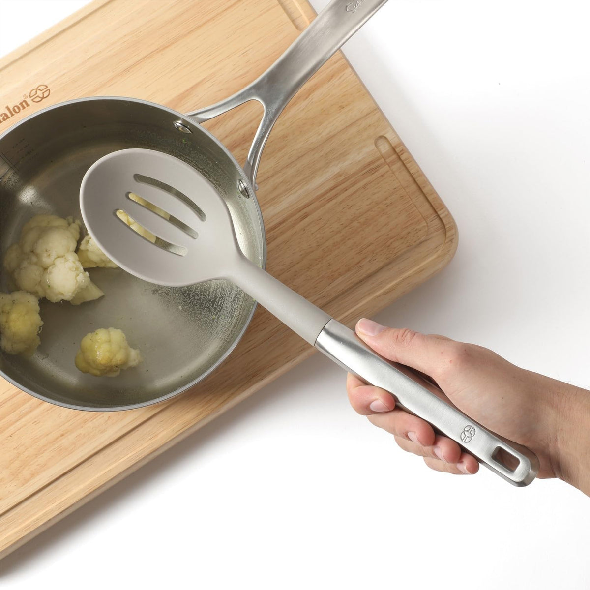 Prime Slotted Spoon Skimmer, Stainless Steel Slotted Spoon, Straining Spoon with Navy Silicone Head, Heat-Resistant Nonstick-Safe Kitchen Tool