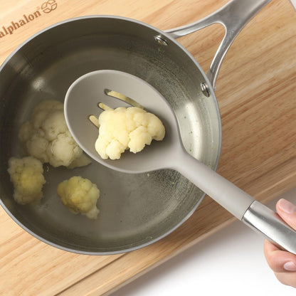 Prime Slotted Spoon Skimmer, Stainless Steel Slotted Spoon, Straining Spoon with Navy Silicone Head, Heat-Resistant Nonstick-Safe Kitchen Tool