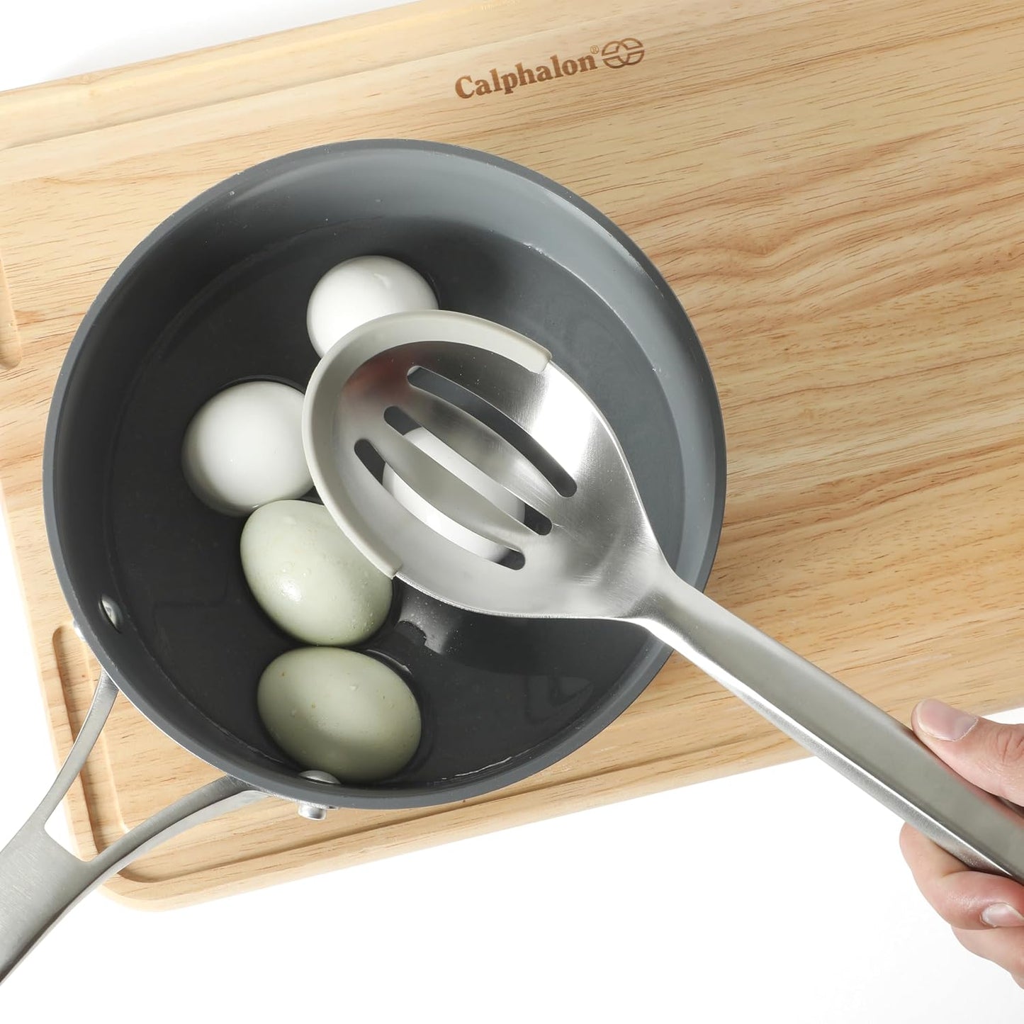 Prime Slotted Spoon Skimmer, Stainless Steel Slotted Spoon, Straining Spoon with Navy Silicone Head, Heat-Resistant Nonstick-Safe Kitchen Tool