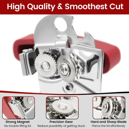 Manual Can Opener Smooth Edge with Magnet & Bottle Opener, Red