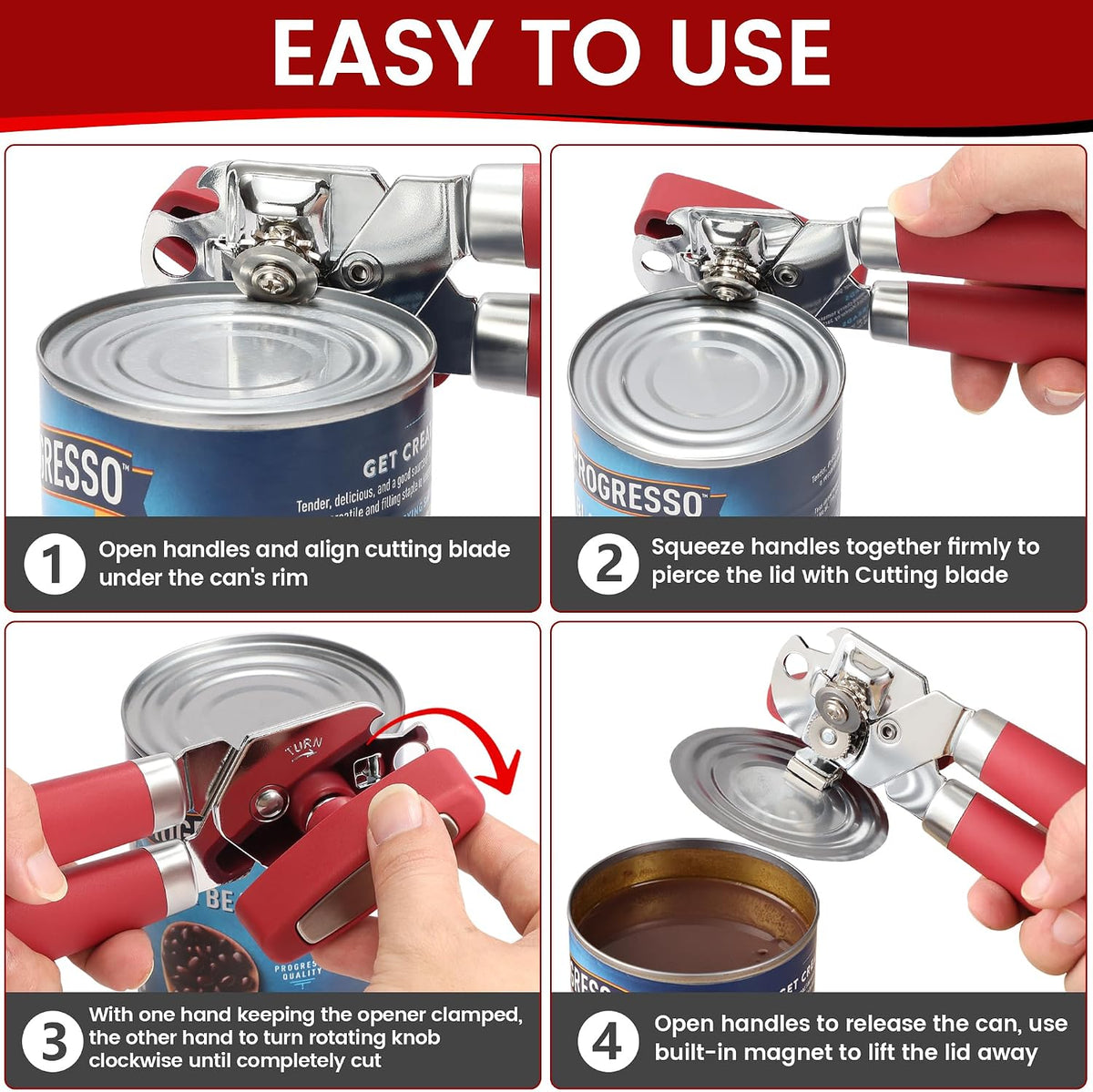Manual Can Opener Smooth Edge with Magnet & Bottle Opener, Red