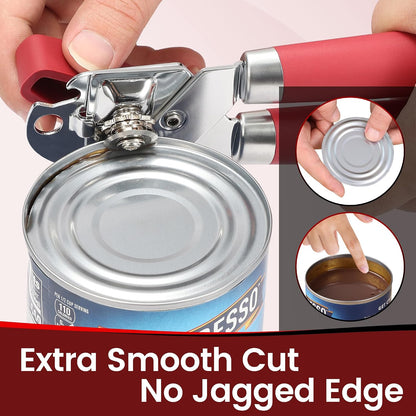 Manual Can Opener Smooth Edge with Magnet & Bottle Opener, Red