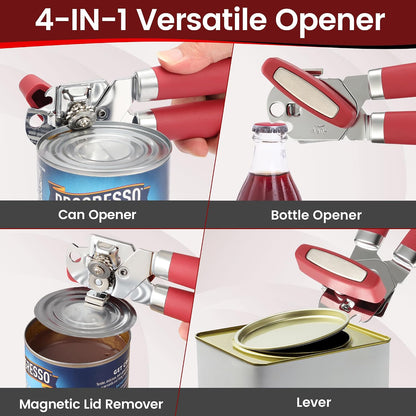 Manual Can Opener Smooth Edge with Magnet & Bottle Opener, Red