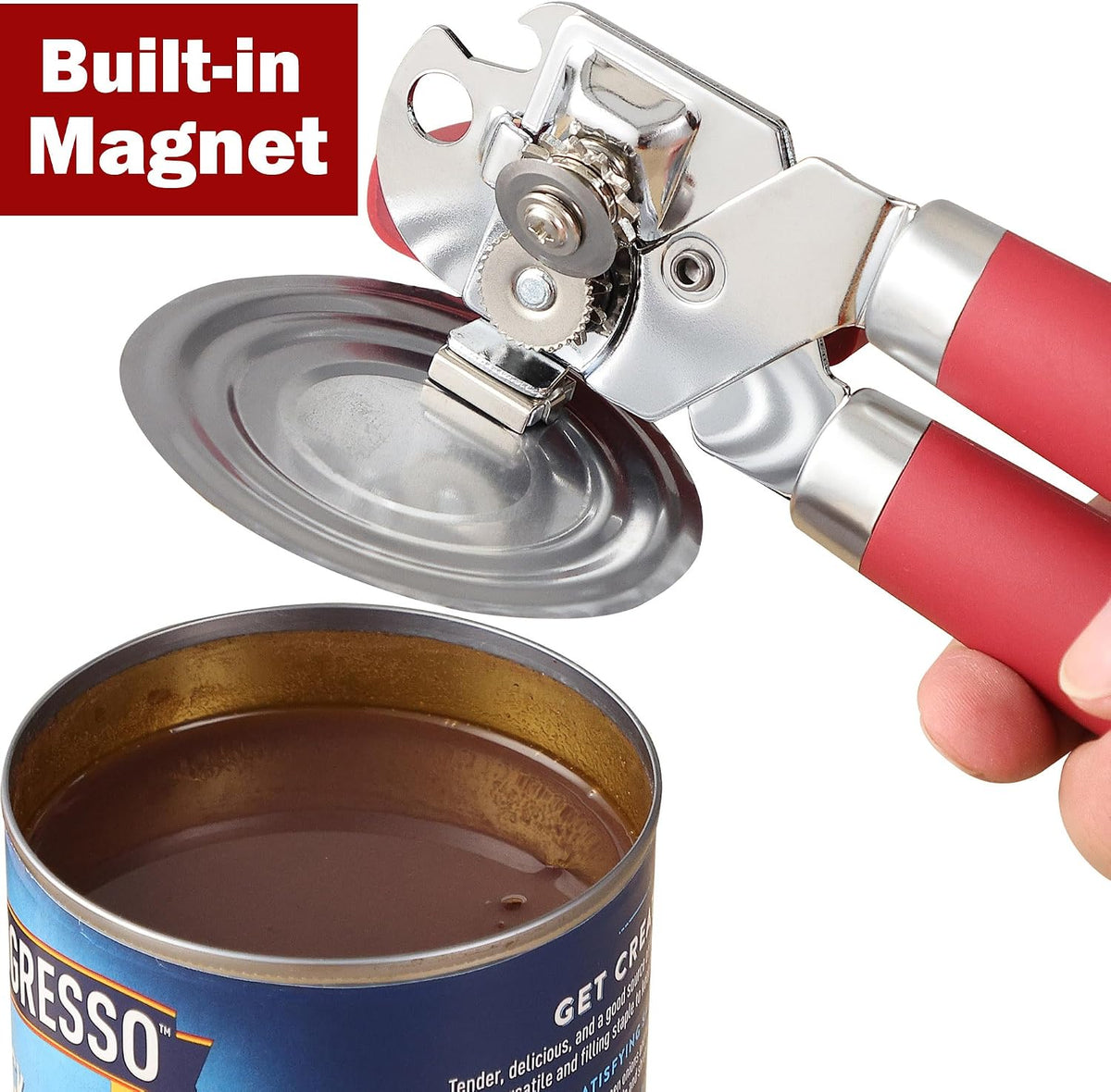 Manual Can Opener Smooth Edge with Magnet & Bottle Opener, Red