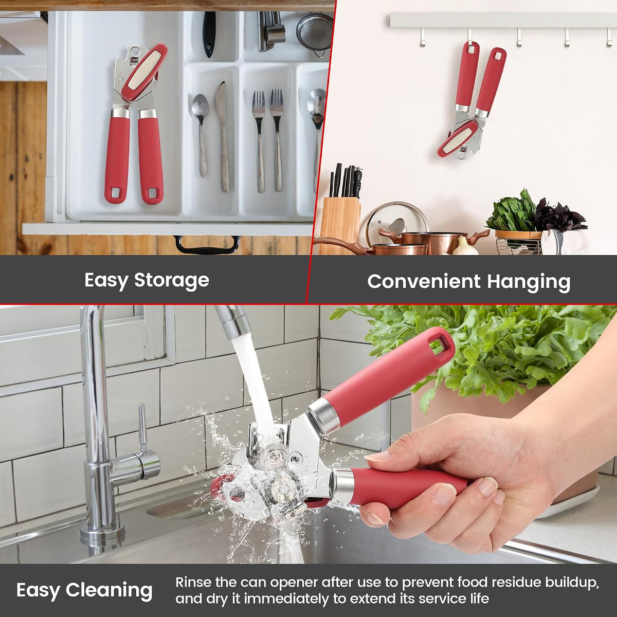 Manual Can Opener Smooth Edge with Magnet & Bottle Opener, Red