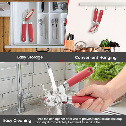 Manual Can Opener Smooth Edge with Magnet & Bottle Opener, Red