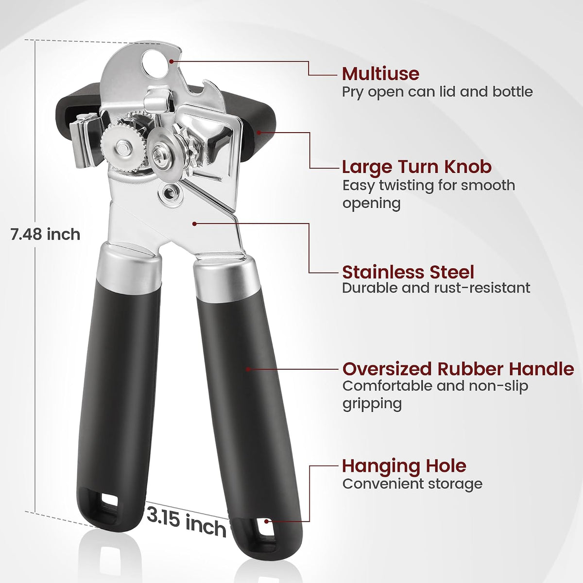 Manual Can Opener Smooth Edge with Magnet & Bottle Opener, Red