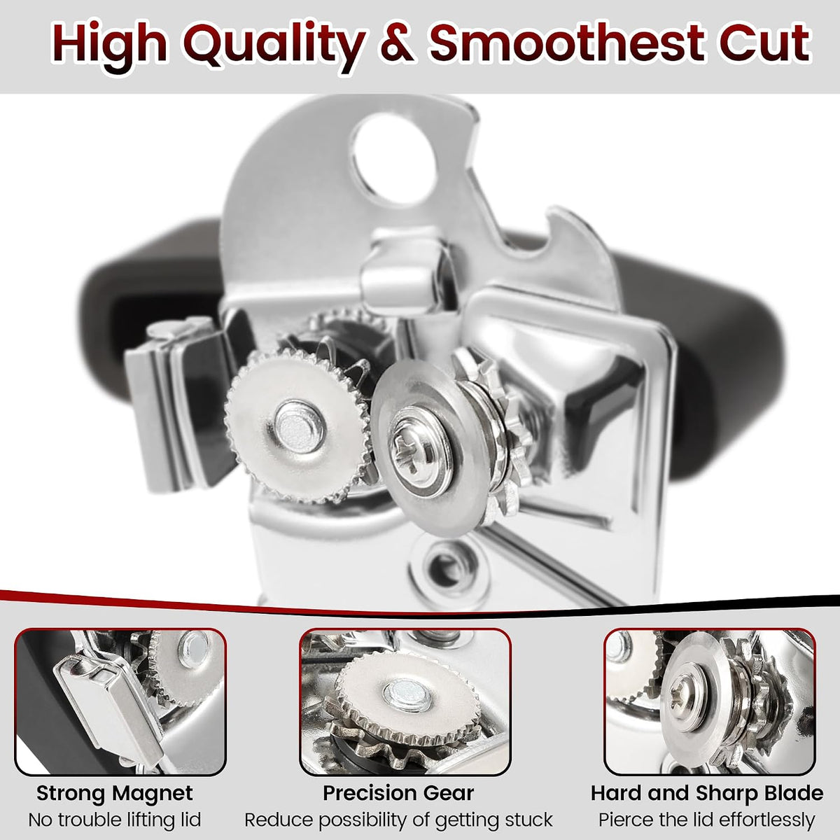 Manual Can Opener Smooth Edge with Magnet & Bottle Opener, Red