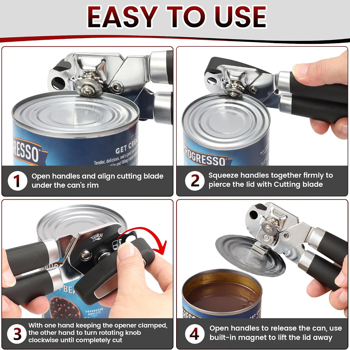 Manual Can Opener Smooth Edge with Magnet & Bottle Opener, Red