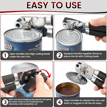 Manual Can Opener Smooth Edge with Magnet & Bottle Opener, Red