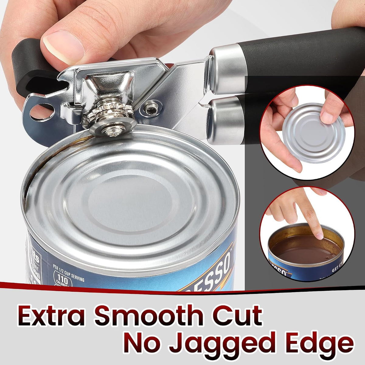 Manual Can Opener Smooth Edge with Magnet & Bottle Opener, Red