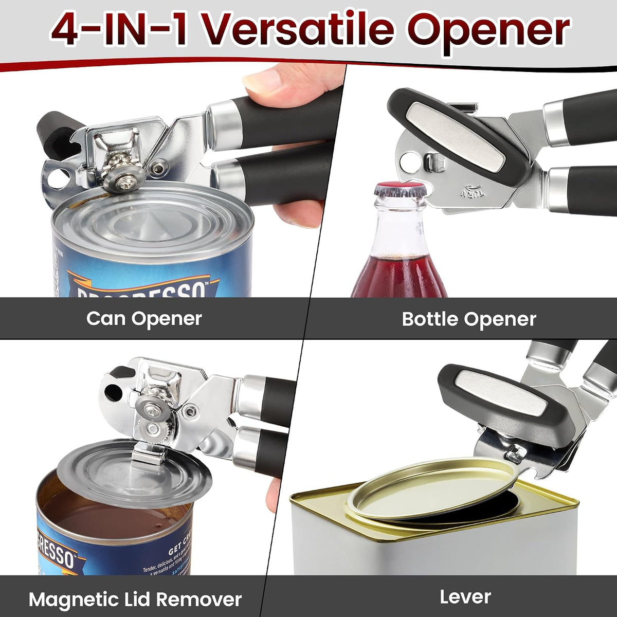 Manual Can Opener Smooth Edge with Magnet & Bottle Opener, Red