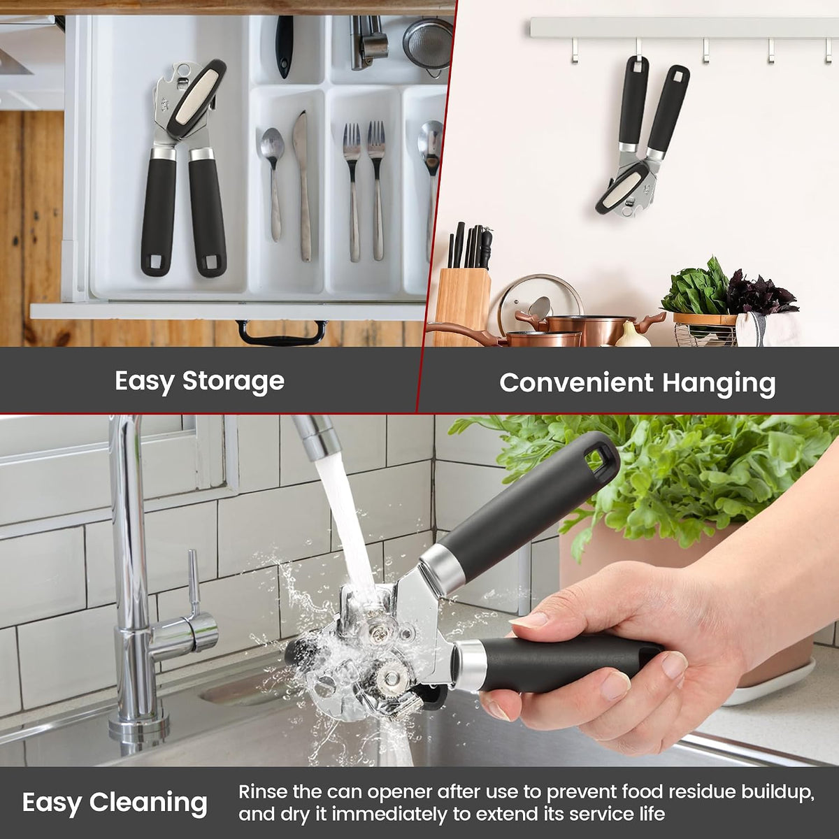 Manual Can Opener Smooth Edge with Magnet & Bottle Opener, Red