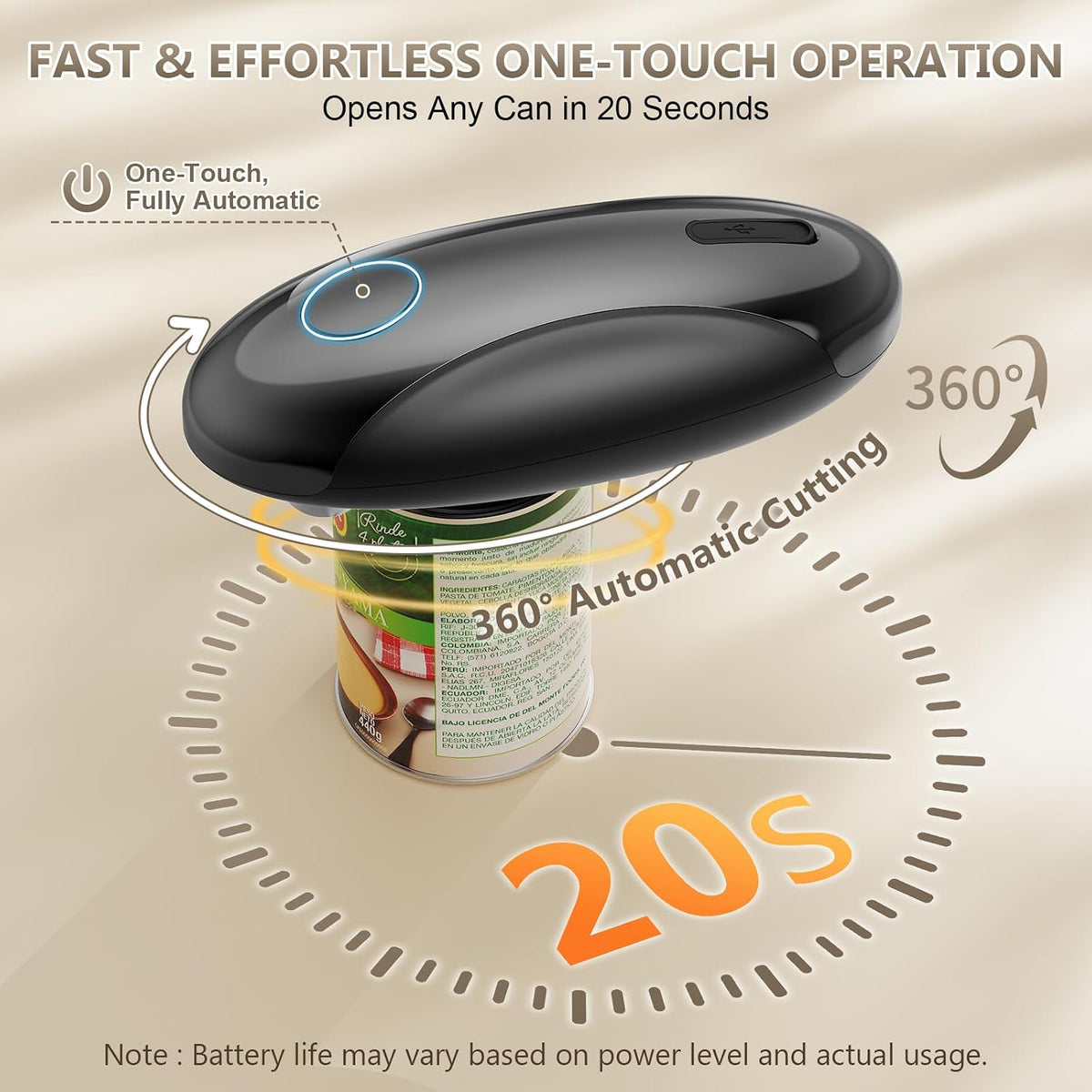 Electric Can Opener, Fast One-Touch Automatic Rechargeable Can Opener for Smooth Edge Safe Fast Opening, Fits All Cans, Hands-Free Operation, Gift Ideal for Seniors Arthritis Kitchen Gadget