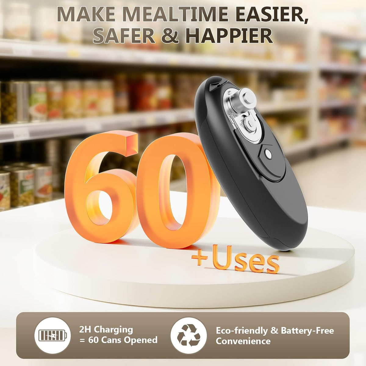 Electric Can Opener, Fast One-Touch Automatic Rechargeable Can Opener for Smooth Edge Safe Fast Opening, Fits All Cans, Hands-Free Operation, Gift Ideal for Seniors Arthritis Kitchen Gadget