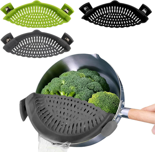 3 Pcs Silicone Clip-on Food Strainer Pasta Strainer for All Pots and Pans, Kitchen Colander for Noodle, Vegetables, Meat, Fruit, Spaghetti