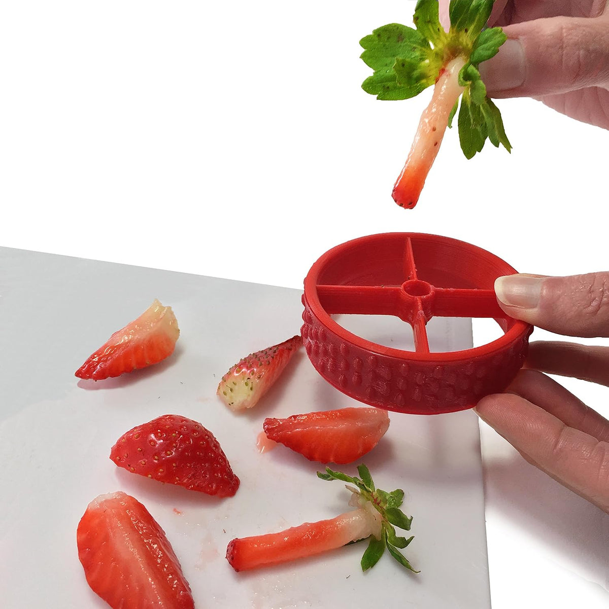 PushBerry 2-in-1, One Step Kid-Friendly Strawberry Stem Removal, Hull, and Slice Tool, Red