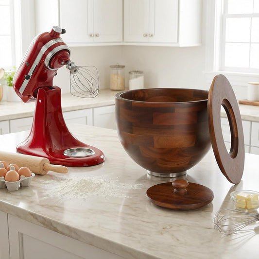 Wood Mixing Bowl Compatible with KitchenAid 4.5-5 Qt Tilt-Head Stand Mixer. | Natural True Acacia Wooden Bowls with Lid Cover, 5 Quart Kitchen Aid Bowls for Mixer with Stainless Steel Locking Base.