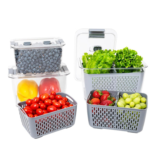 Stackable Fridge Storage Colander Containers, Variety Pack | 3 Sizes to Store Fresh Produce, Organize Washed Fruits and Veggies, Snap and Seal Lids with Adjustable Vents, Hand Wash Only