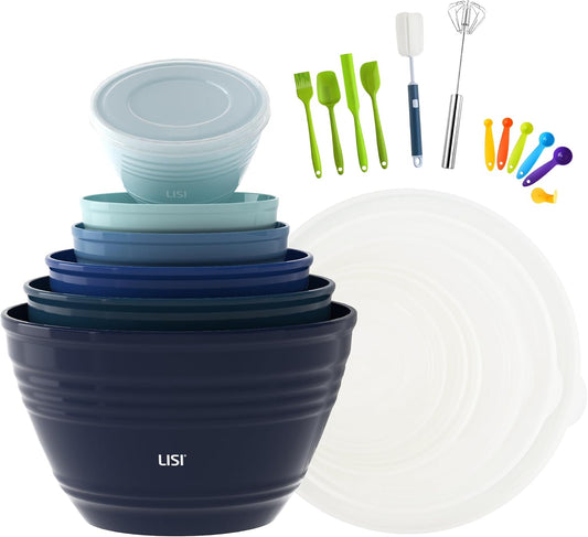 LISI 23-Piece Plastic Mixing Bowls with Lids, 6-Piece Nesting Set | 6 bowl sizes with lids, non-slip bases, spatulas, measuring spoons, whisk and brush for mixing, prep and storage