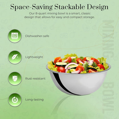 2-Pack 8 Quart Mixing Bowls |13.25-Inch Stainless Steel Bowls | Professional Grade Flat Base Mixing Bowls for Home and Commercial Kitchens