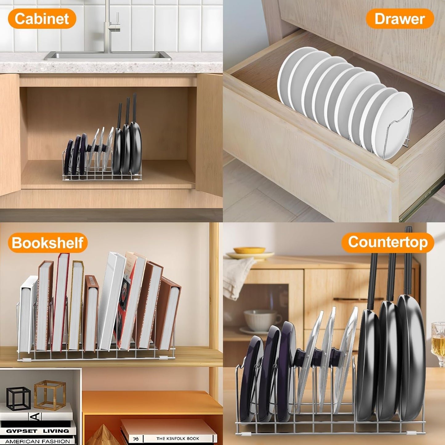Lid Organizer Pot Lid Organizer 10-Tier Pot Lid Rack Holder Suitable for Bakeware Dish Plate, Cutting Boards, Pots & Pans, Serving Trays, Reusable Containers in Cabinet Pantry (1 Pack)