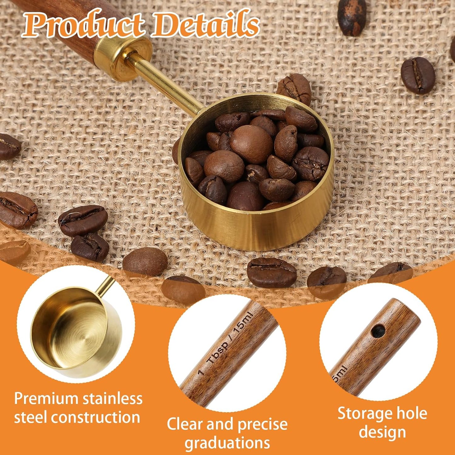 15ML 1 Tablespoon Scoop, Coffee Measuring Spoon, Stainless Steel Wooden Handle 1 Teaspoon Measuring Spoon for Coffees,Tea,Spices and More
