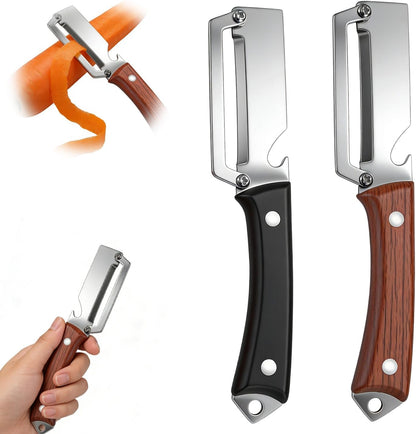2PCS Premium Vegetable Peeler with Wooden Handle and Bottle Opener,Multifunctional 2-in-1 Stainless Steel Kitchen Tool for Potato Fruit Pineapple Pumpkin Papaya Carrot Vegetable Peeler(Mix)